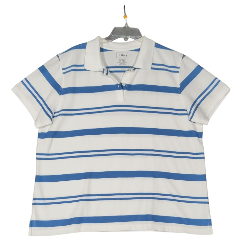 L.L.Bean Blue White Stripe  Polo Golf Women’s Oversized Relaxed Fit Short Sleeve